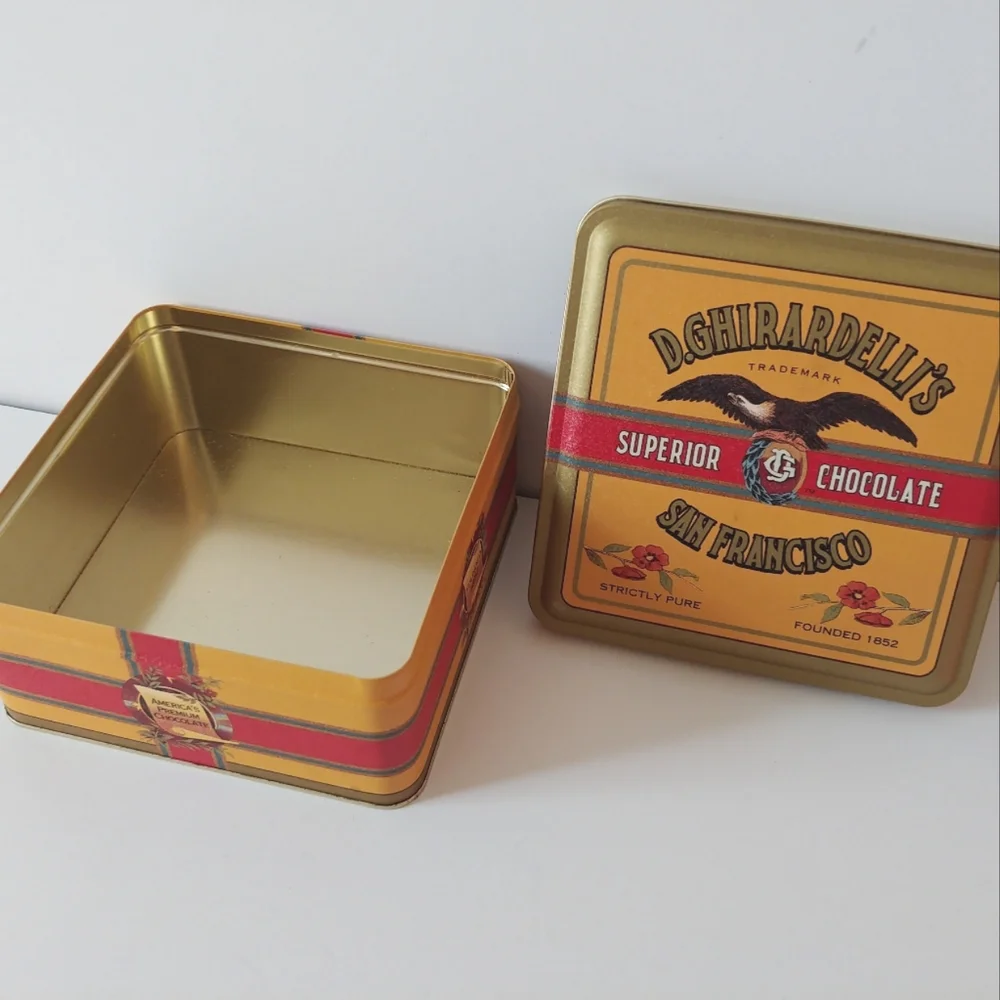 Vintage Ghirardelli's Chocolate Tin Square Gold Green Red 1993